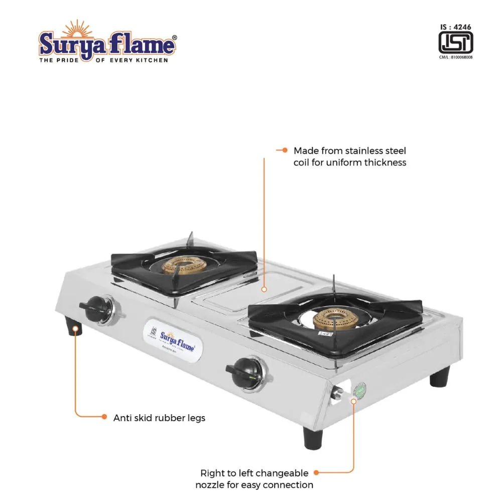 Surya Flame Venus Gas Stove 2 Burners | Stainless Steel Body | Manual LPG Stove With 69% Thermal Efficiency | Anti Skid Rubber Legs - 2 Years Complete Doorstep Warranty