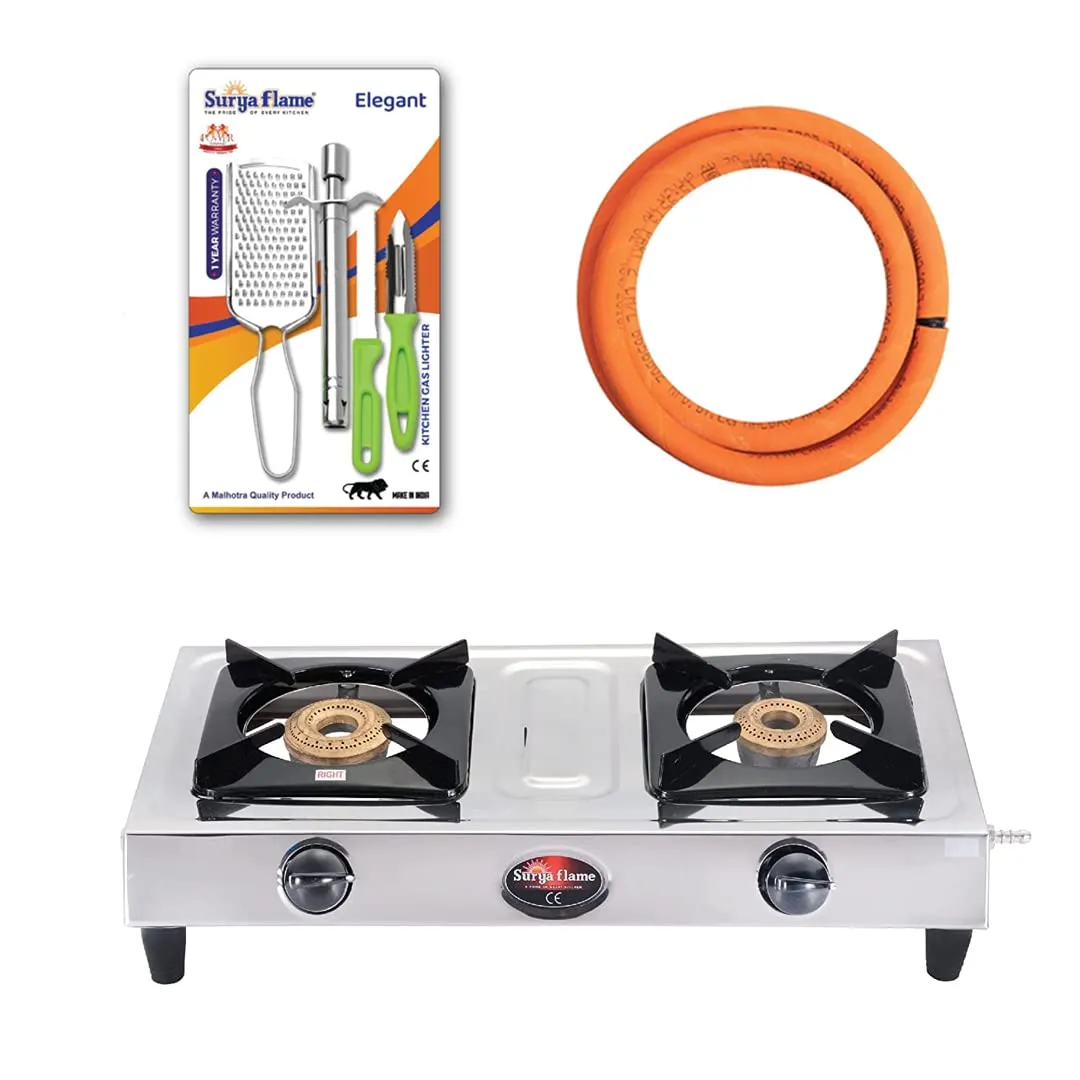 Surya Flame Vista Gas Stove 2 Burners Manual LPG Stove | LPG Gas Dual Layer Rubber Hose Pipe 1.5M | Stainless Steel Elegant Gas Stove Lighter With Knife, Peeler Knife and Shredder (Pack of 4)