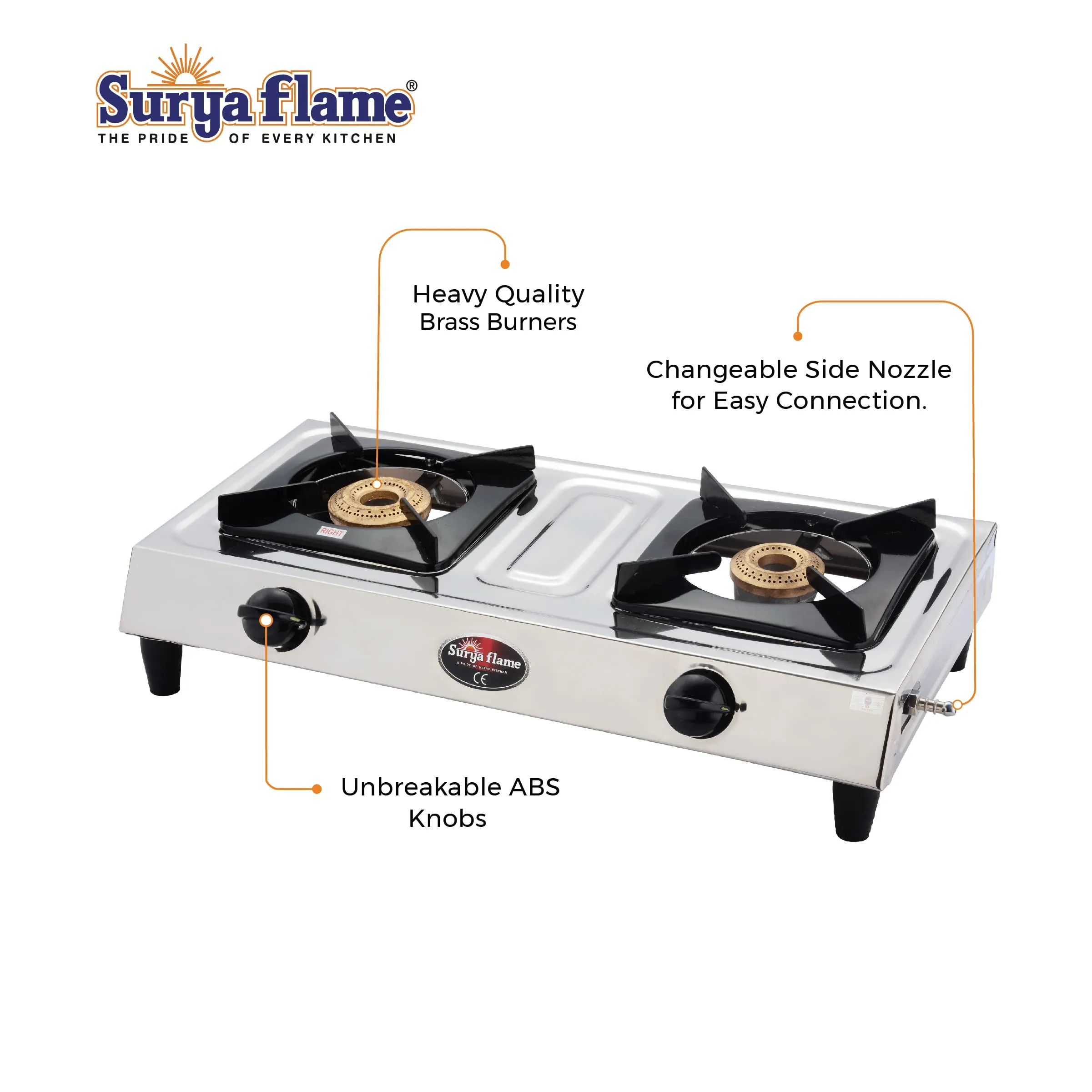 Surya Flame Vista Gas Stove 2 Burners Manual LPG Stove | LPG Gas Dual Layer Rubber Hose Pipe 1.5M | Stainless Steel Elegant Gas Stove Lighter With Knife, Peeler Knife and Shredder (Pack of 4)