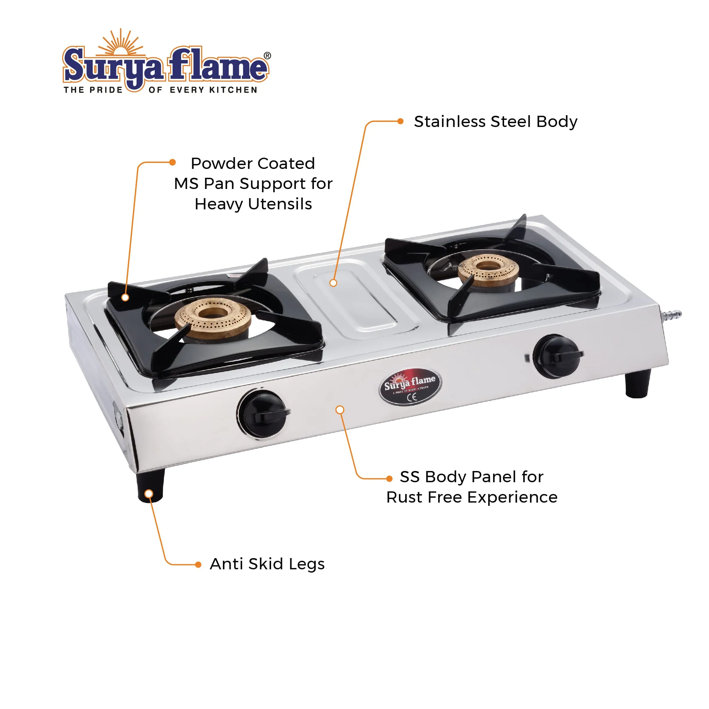 Surya Flame Vista Gas Stove 2 Burners | Stainless Steel Body | Manual LPG Stove With 69% Thermal Efficiency | Anti Skid Rubber Legs - 2 Years Complete Doorstep Warranty (2)