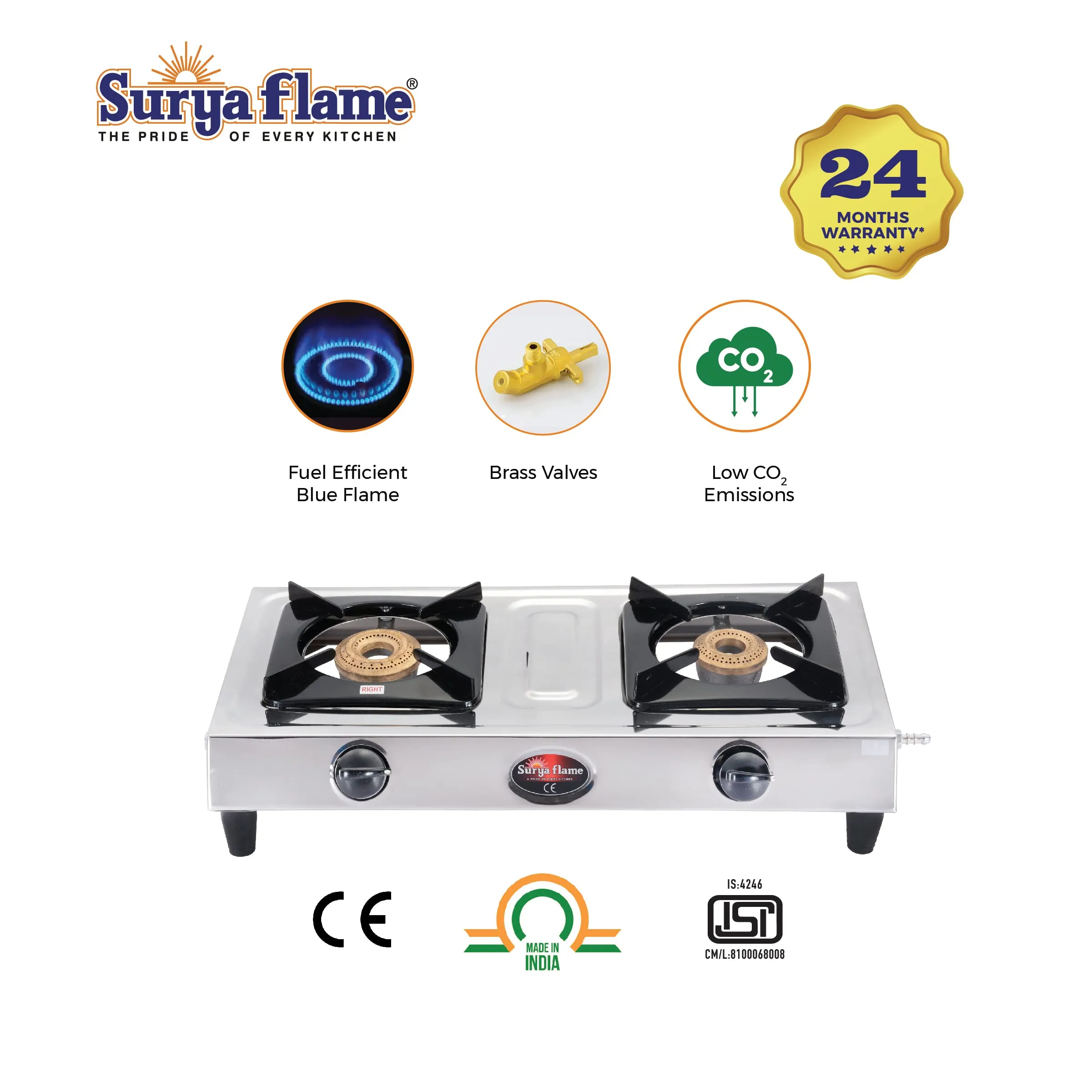 Surya Flame Vista Gas Stove 2 Burners | Stainless Steel Body | Manual LPG Stove With 69% Thermal Efficiency | Anti Skid Rubber Legs - 2 Years Complete Doorstep Warranty (2)