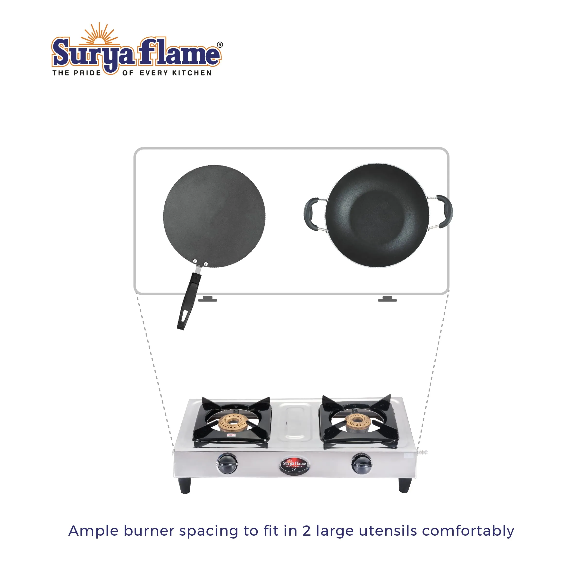 Surya Flame Vista Gas Stove 2 Burners | Stainless Steel Body | Manual LPG Stove With 69% Thermal Efficiency | Anti Skid Rubber Legs - 2 Years Complete Doorstep Warranty (2)