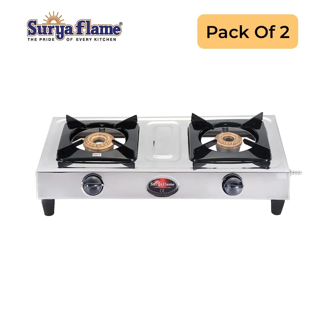 Surya Flame Vista Gas Stove 2 Burners | Stainless Steel Body | Manual LPG Stove With 69% Thermal Efficiency | Anti Skid Rubber Legs - 2 Years Complete Doorstep Warranty (2)