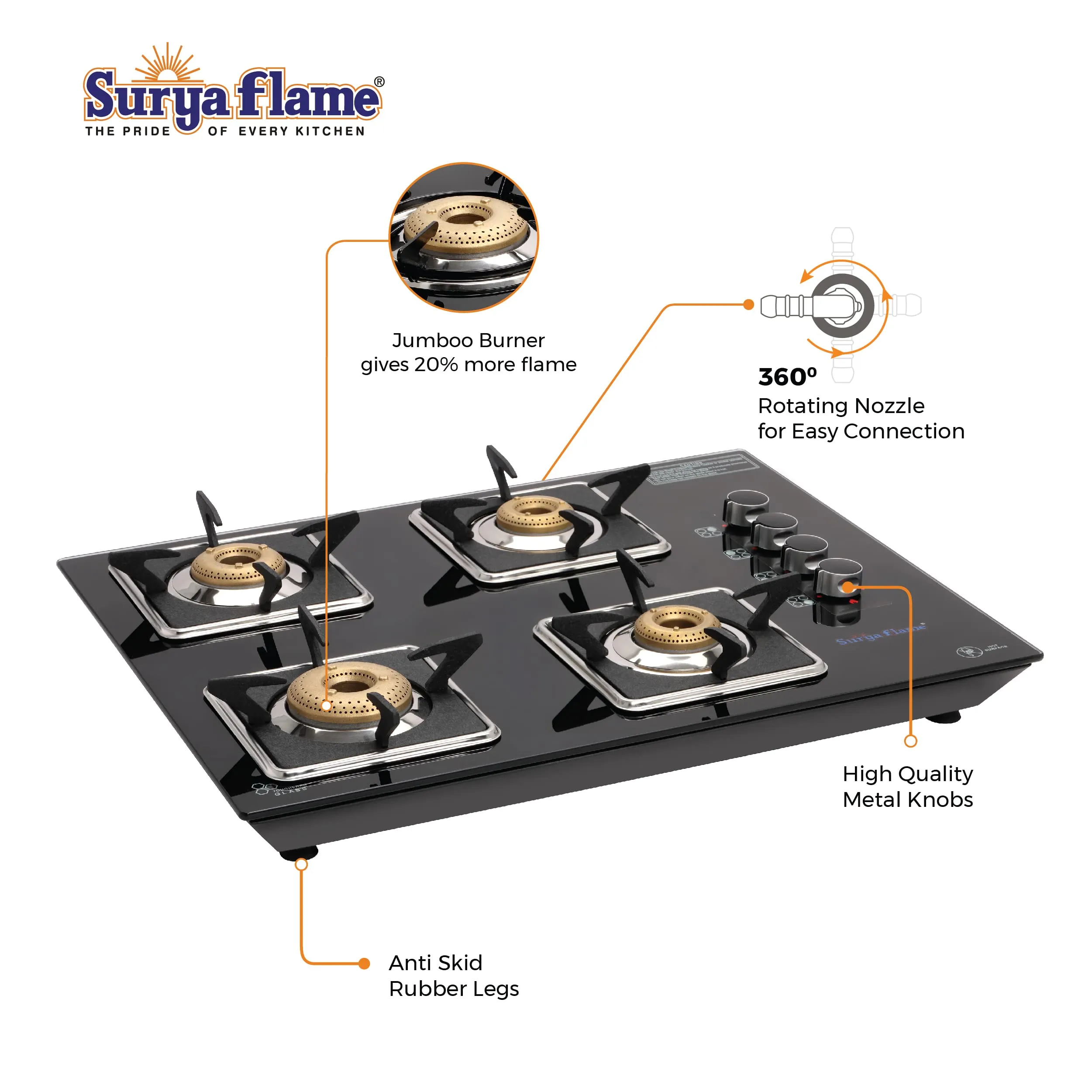 SuryaFlame Apollo Square Hob Top 4 Burners Manual Glass Stove | LPG Gas Dual Layer Rubber Hose Pipe 1.5M | Premier Stainless Steel Gas Lighter with Knife