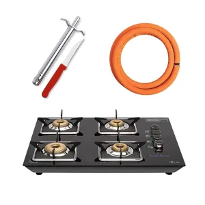 SuryaFlame Apollo Square Hob Top 4 Burners Manual Glass Stove | LPG Gas Dual Layer Rubber Hose Pipe 1.5M | Premier Stainless Steel Gas Lighter with Knife