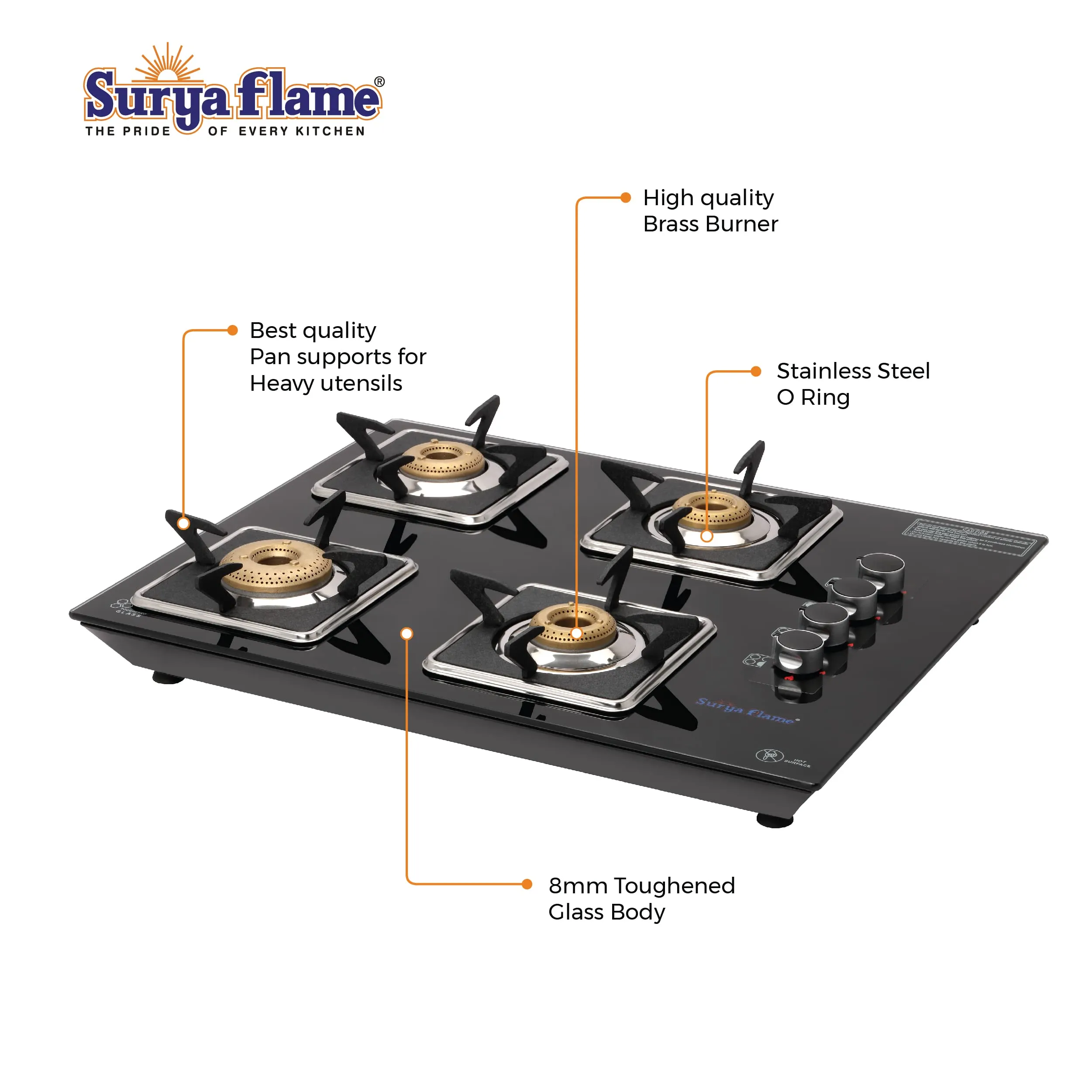 SuryaFlame Apollo Square Hob Top 4 Burners Manual Glass Stove | LPG Gas Dual Layer Rubber Hose Pipe 1.5M | Premier Stainless Steel Gas Lighter with Knife