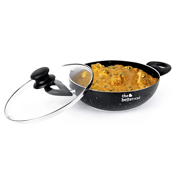 The Better Home Granite Non Stick Kadai with Lid 24cm |Induction Kadai & Wok |Hard Anodised Kadai for Deep Frying | Elegant Granite Kadai Non Stick | Granite Cookware with Induction Base