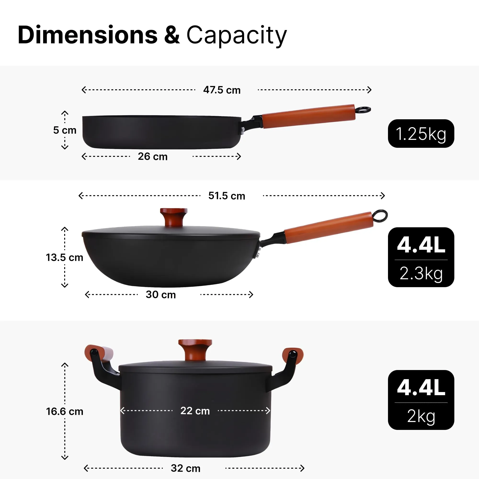 UMAI Cast Iron Pots and Pans Cookware with Wooden Handle | Cast Iron Fry Pan (26cm) | Wok & Handi (4.4L Each with Lid) | Non Stick Cookware Set | Gas & Induction Pan | Kitchen Set for Home (Black)