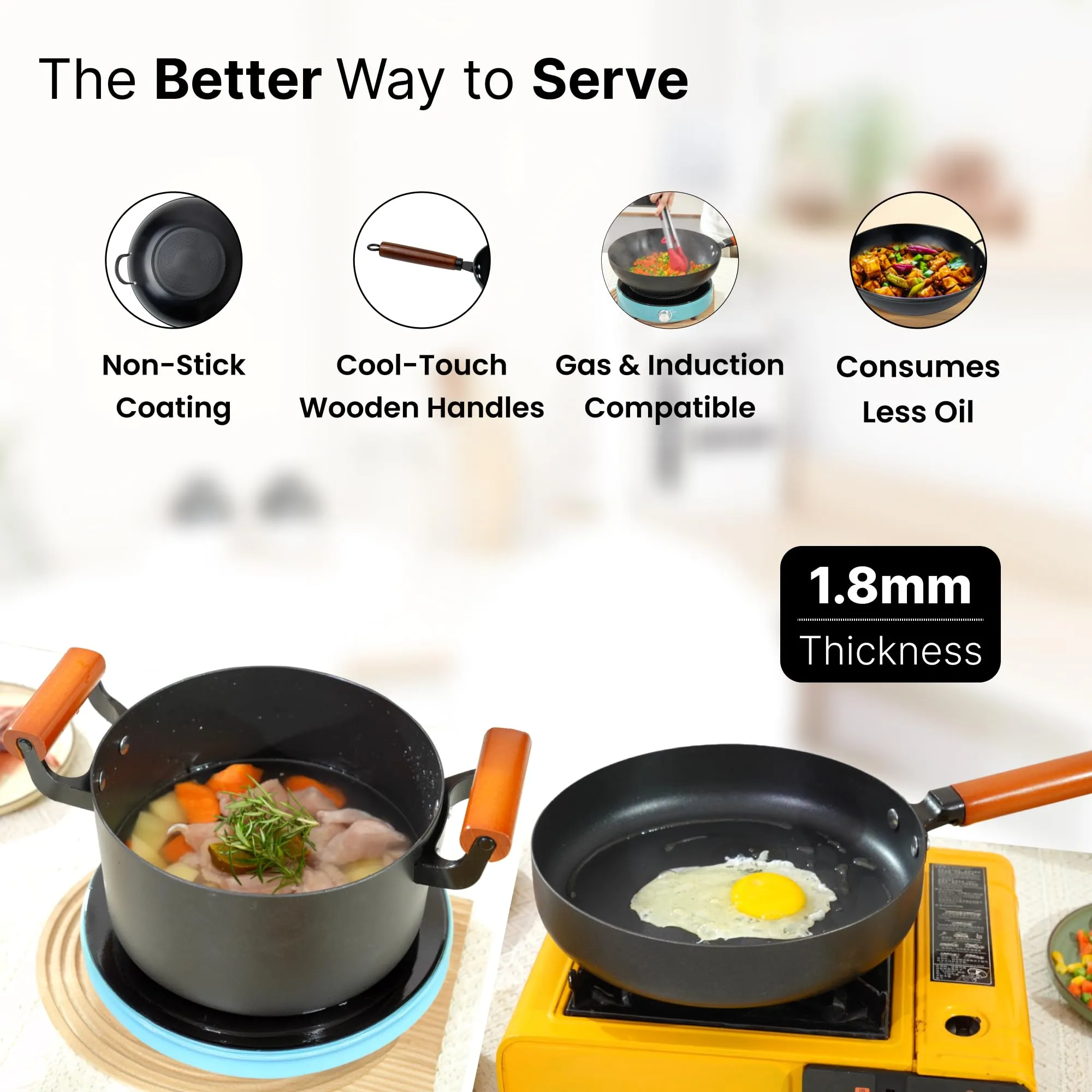 UMAI Cast Iron Pots and Pans Cookware with Wooden Handle | Cast Iron Fry Pan (26cm) | Wok & Handi (4.4L Each with Lid) | Non Stick Cookware Set | Gas & Induction Pan | Kitchen Set for Home (Black)