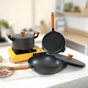 UMAI Cast Iron Pots and Pans Cookware with Wooden Handle | Cast Iron Fry Pan (26cm) | Wok & Handi (4.4L Each with Lid) | Non Stick Cookware Set | Gas & Induction Pan | Kitchen Set for Home (Black)