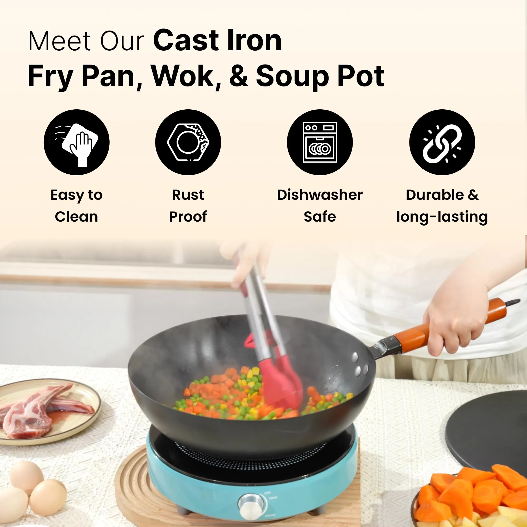 UMAI Cast Iron Pots and Pans Cookware with Wooden Handle | Cast Iron Fry Pan (26cm) | Wok & Handi (4.4L Each with Lid) | Non Stick Cookware Set | Gas & Induction Pan | Kitchen Set for Home (Black)