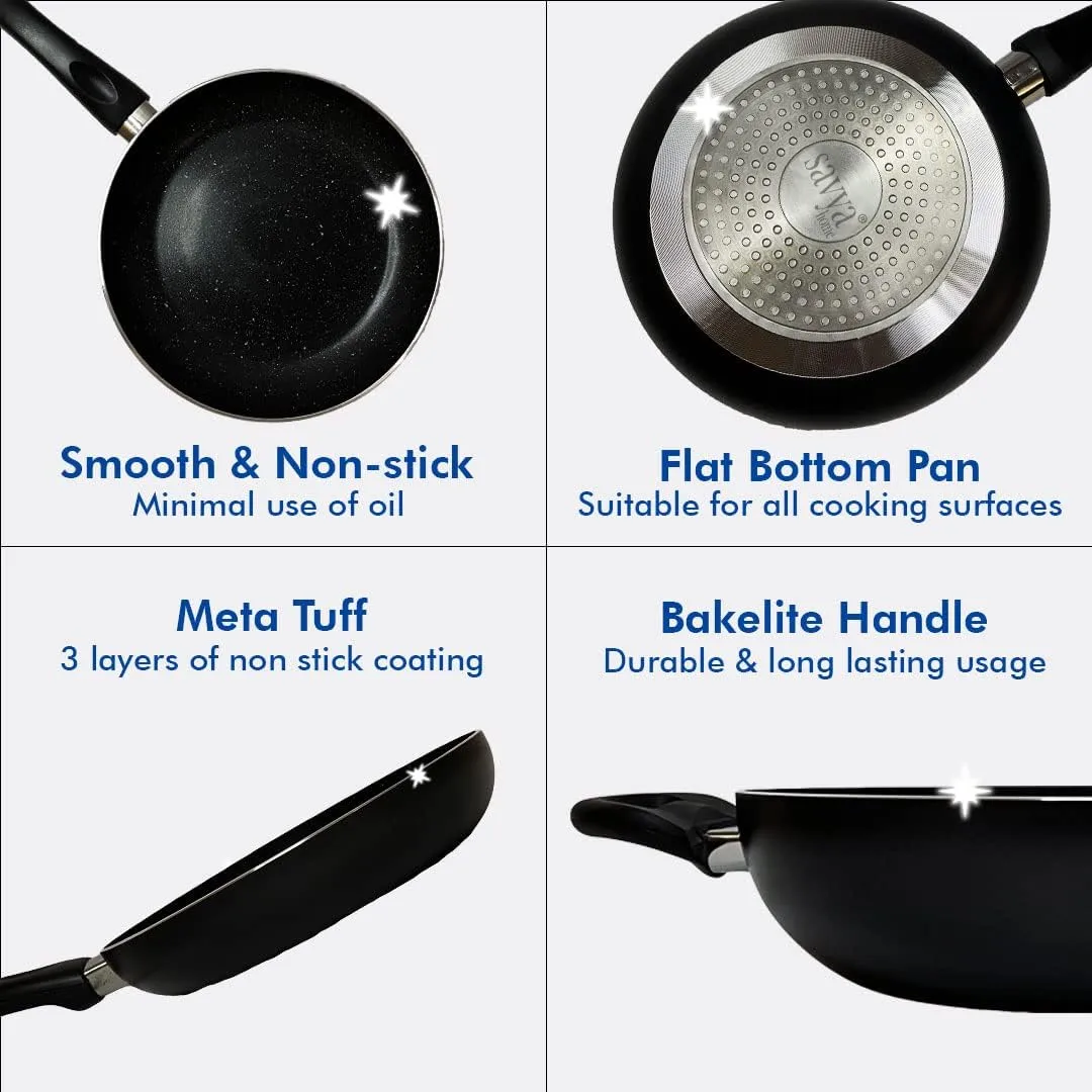 UMAI X SAVYA HOME 3 Piece Non Stick Set | Non Stick Tawa 2.4mm|Non Stick Kadai|Frying Pan Non Stick with Lid | Stove & Induction Cookware| 3 Layer Coating Non Stick Set Combo | 2 Year Warranty - Black