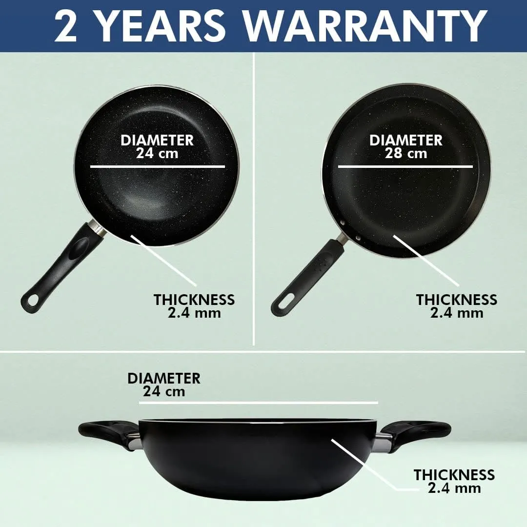 UMAI X SAVYA HOME 3 Piece Non Stick Set | Non Stick Tawa 2.4mm|Non Stick Kadai|Frying Pan Non Stick with Lid | Stove & Induction Cookware| 3 Layer Coating Non Stick Set Combo | 2 Year Warranty - Black